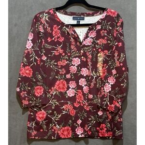 NWT Burgundy Floral Tee Top Shirt PXL Blouse Garden Fairy Cottagecore 3/4 Sleeve